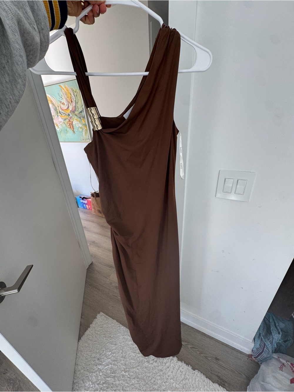 One-Shoulder Brown Dress with Gold Accent Strap